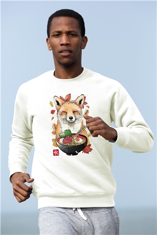 Tilki Baskılı Unisex Beyaz  Sweatshirt
