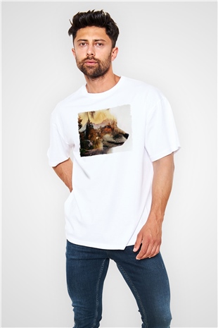Tilki Baskılı Oversize Beyaz Tişört