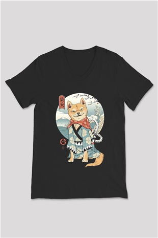 Tilki Baskılı Unisex Siyah  V Yaka Tişört