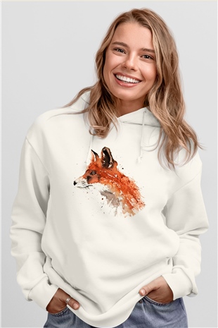 Tilki Beyaz Unisex Kapşonlu Sweatshirt