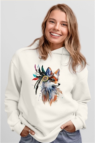 Tilki Beyaz Unisex Kapşonlu Sweatshirt