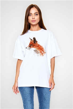 Tilki Beyaz Unisex Oversize Tişört T-Shirt