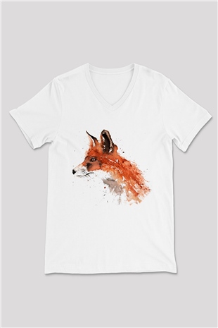 Tilki Beyaz Unisex V Yaka Tişört T-Shirt