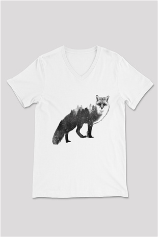 Tilki Beyaz Unisex V Yaka Tişört T-Shirt