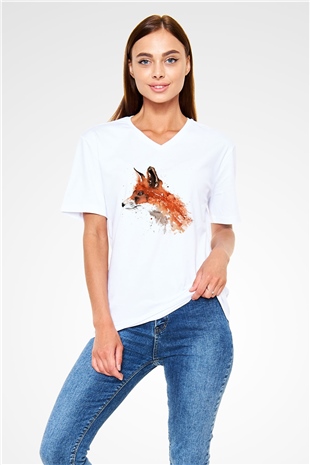 Tilki Beyaz Unisex V Yaka Tişört T-Shirt