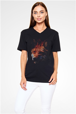 Tilki Siyah Unisex V Yaka Tişört