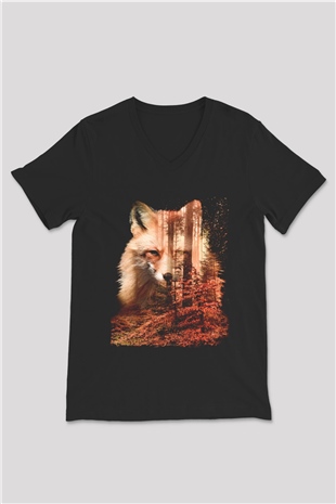 Tilki Siyah Unisex V Yaka Tişört