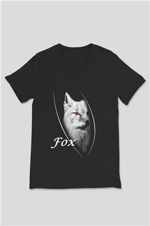 Tilki Siyah Unisex V Yaka Tişört T-Shirt