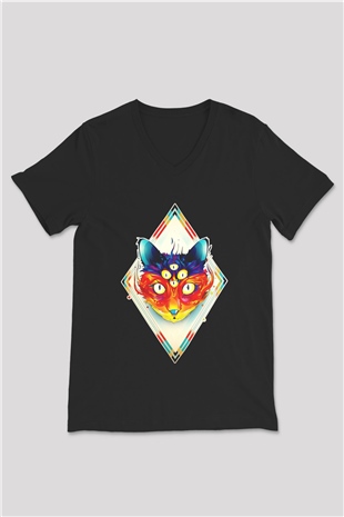 Tilki Siyah Unisex V Yaka Tişört T-Shirt
