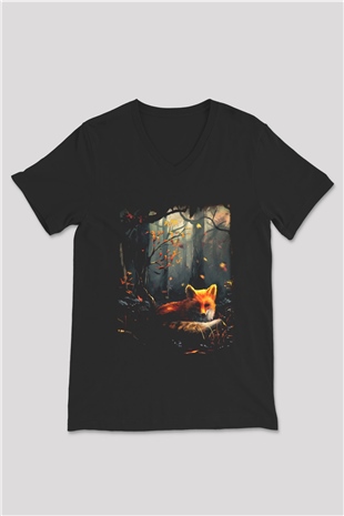 Tilki Siyah Unisex V Yaka Tişört T-Shirt