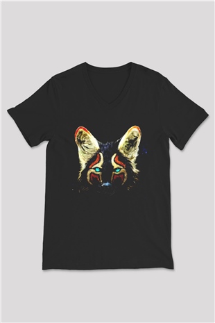 Tilki Siyah Unisex V Yaka Tişört T-Shirt