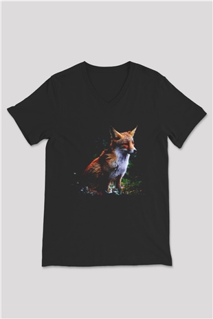 Tilki Siyah Unisex V Yaka Tişört T-Shirt
