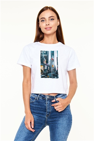 Times Square Beyaz  Crop Top Tişört