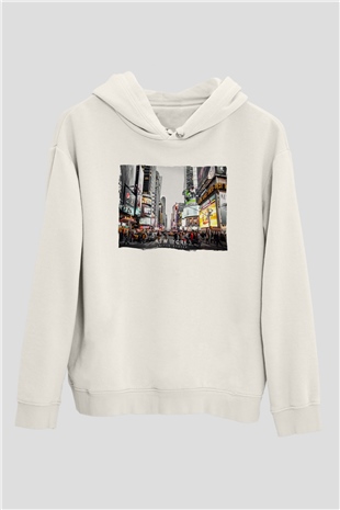 Times Square Beyaz Unisex Hoodie