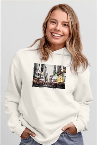 Times Square Beyaz Unisex Hoodie