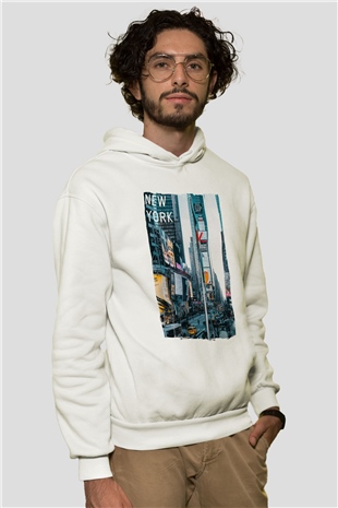 Times Square Beyaz Unisex Hoodie