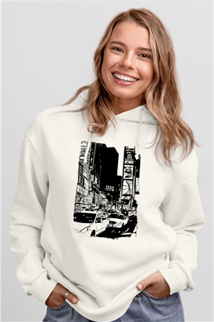 Times Square Beyaz Unisex Hoodie