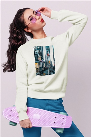 Times Square Beyaz Unisex Sweatshirt