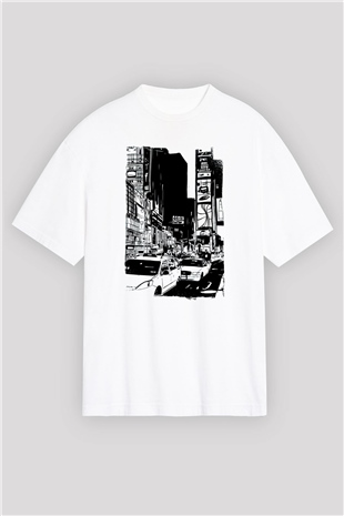 Times Square Beyaz Oversize Tişört Oversize T-shirt - TişörtFabrikası