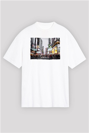 Times Square Beyaz Oversize Tişört Oversize T-shirt - TişörtFabrikası