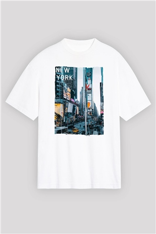 Times Square Beyaz Oversize Tişört Oversize T-shirt - TişörtFabrikası
