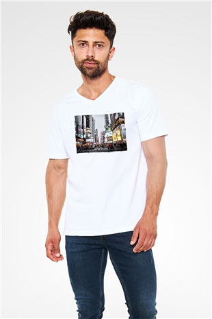 Times Square Beyaz Unisex V Yaka Tişört