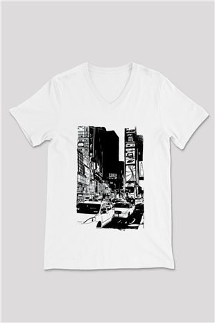Times Square Beyaz Unisex V Yaka Tişört