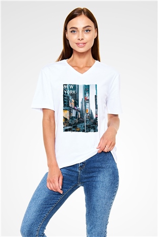 Times Square Beyaz Unisex V Yaka Tişört