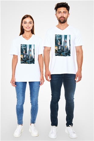 Times Square Beyaz Unisex V Yaka Tişört