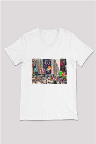 Times Square Beyaz Unisex V Yaka Tişört