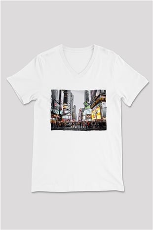 Times Square Beyaz Unisex V Yaka Tişört