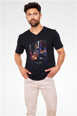 Times Square Siyah Unisex V Yaka Tişört
