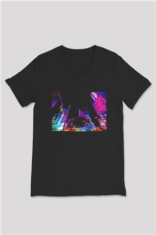 Times Square Siyah Unisex V Yaka Tişört