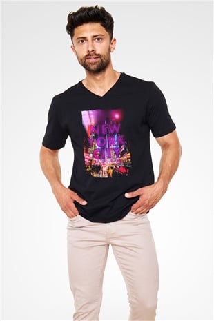 Times Square Siyah Unisex V Yaka Tişört