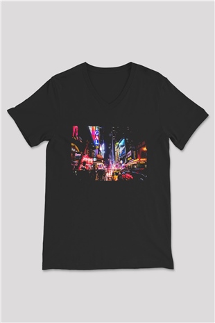 Times Square Siyah Unisex V Yaka Tişört