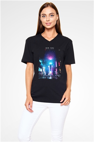 Times Square Siyah Unisex V Yaka Tişört