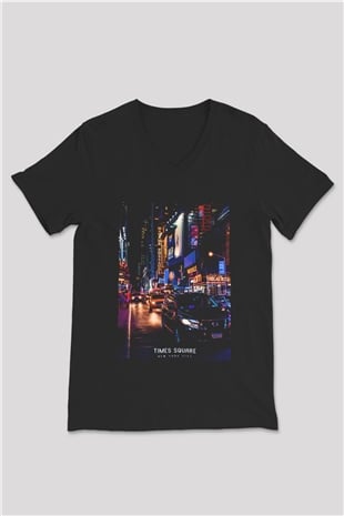 Times Square Siyah Unisex V Yaka Tişört