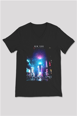 Times Square Siyah Unisex V Yaka Tişört
