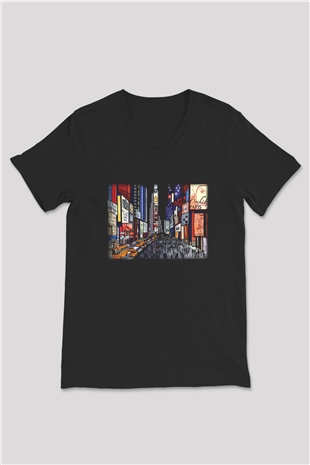 Times Square Siyah Unisex V Yaka Tişört T-Shirt