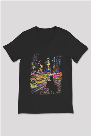 Times Square Siyah Unisex V Yaka Tişört