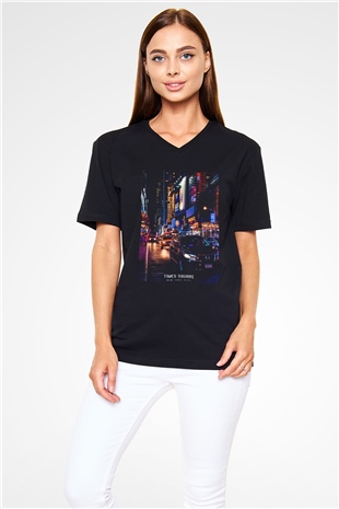 Times Square Siyah Unisex V Yaka Tişört