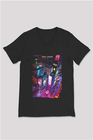 Times Square Siyah Unisex V Yaka Tişört