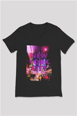 Times Square Siyah Unisex V Yaka Tişört