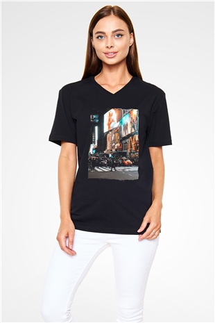 Times Square Siyah Unisex V Yaka Tişört
