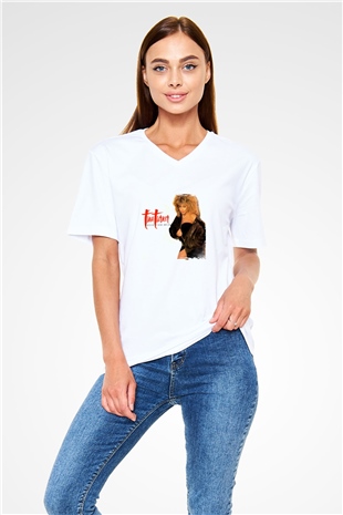 Tine Turner Baskılı Beyaz V Yaka Unisex Tişört