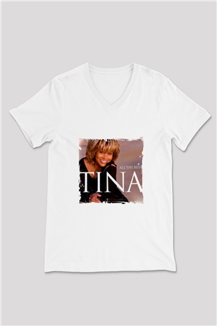 Tine Turner Baskılı Beyaz V Yaka Unisex Tişört