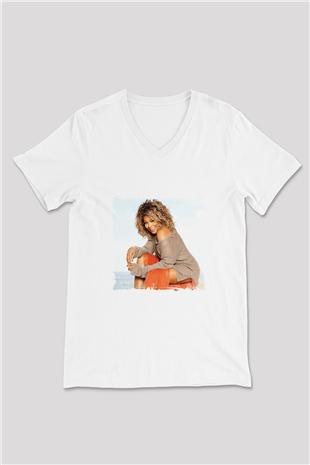 Tine Turner Baskılı Beyaz V Yaka Unisex Tişört