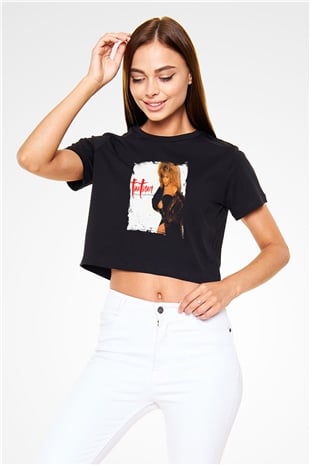 Tine Turner Baskılı Crop Top Siyah Kadın Tişört