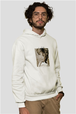Tine Turner Baskılı Unisex Beyaz Kapüşonlu Sweatshirt