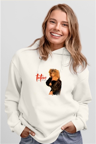 Tine Turner Baskılı Unisex Beyaz Kapüşonlu Sweatshirt